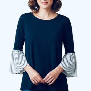 Crown & Ivy Navy Knit Top Blouse with Striped Poplin3/4 Bell Sleeves Large
